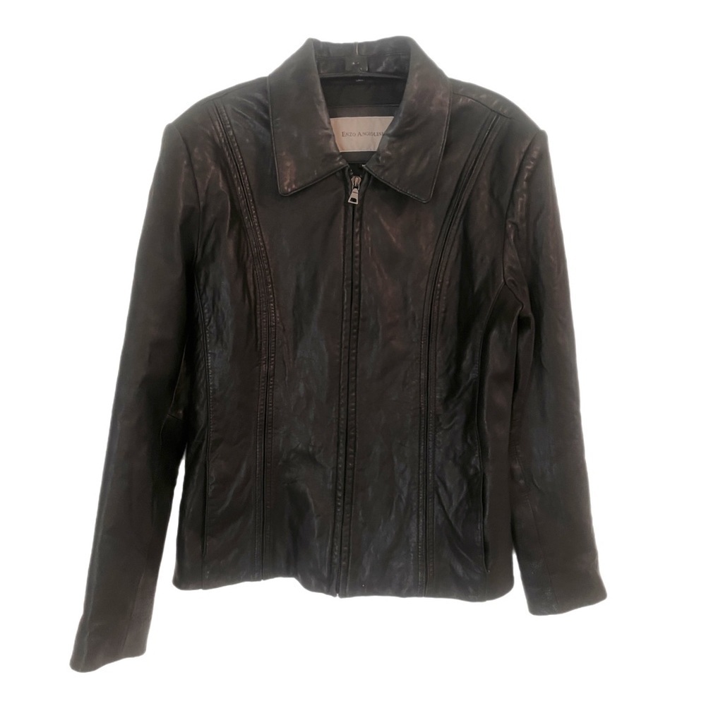 𝅺Enzo Angiolini Women's M Zip Up Front Genuine Leather Black Jacket Buttery Soft